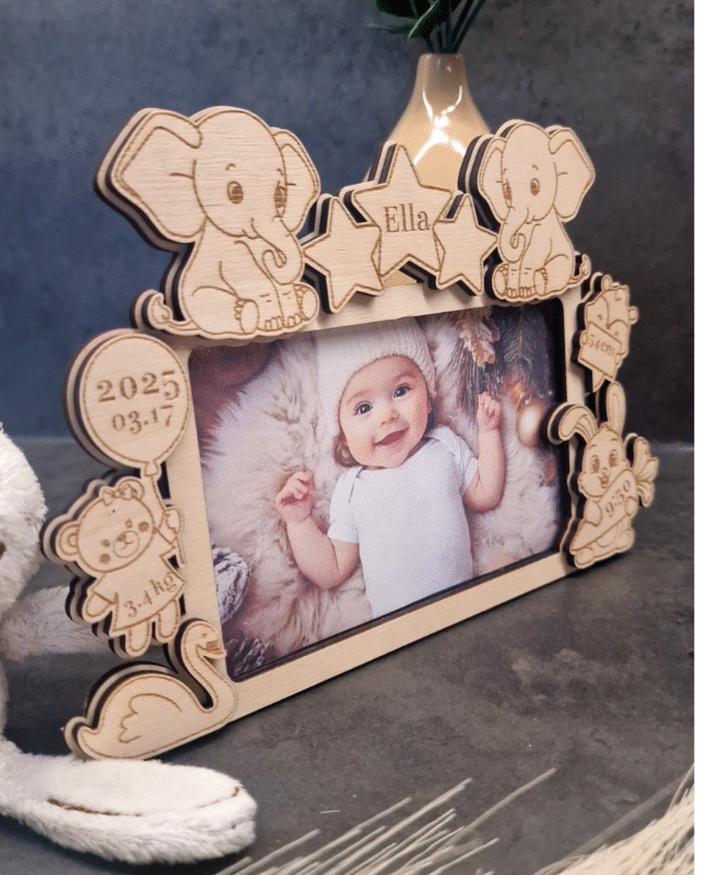 Ypatinga dovana seneliams, tėveliams ir krikšto tėvams Medinis nuotraukų rėmelis su gimimo metrikais